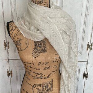 Women's White Long Scarf Woven Pattern of Vertical Stripes & Iridescent Threads